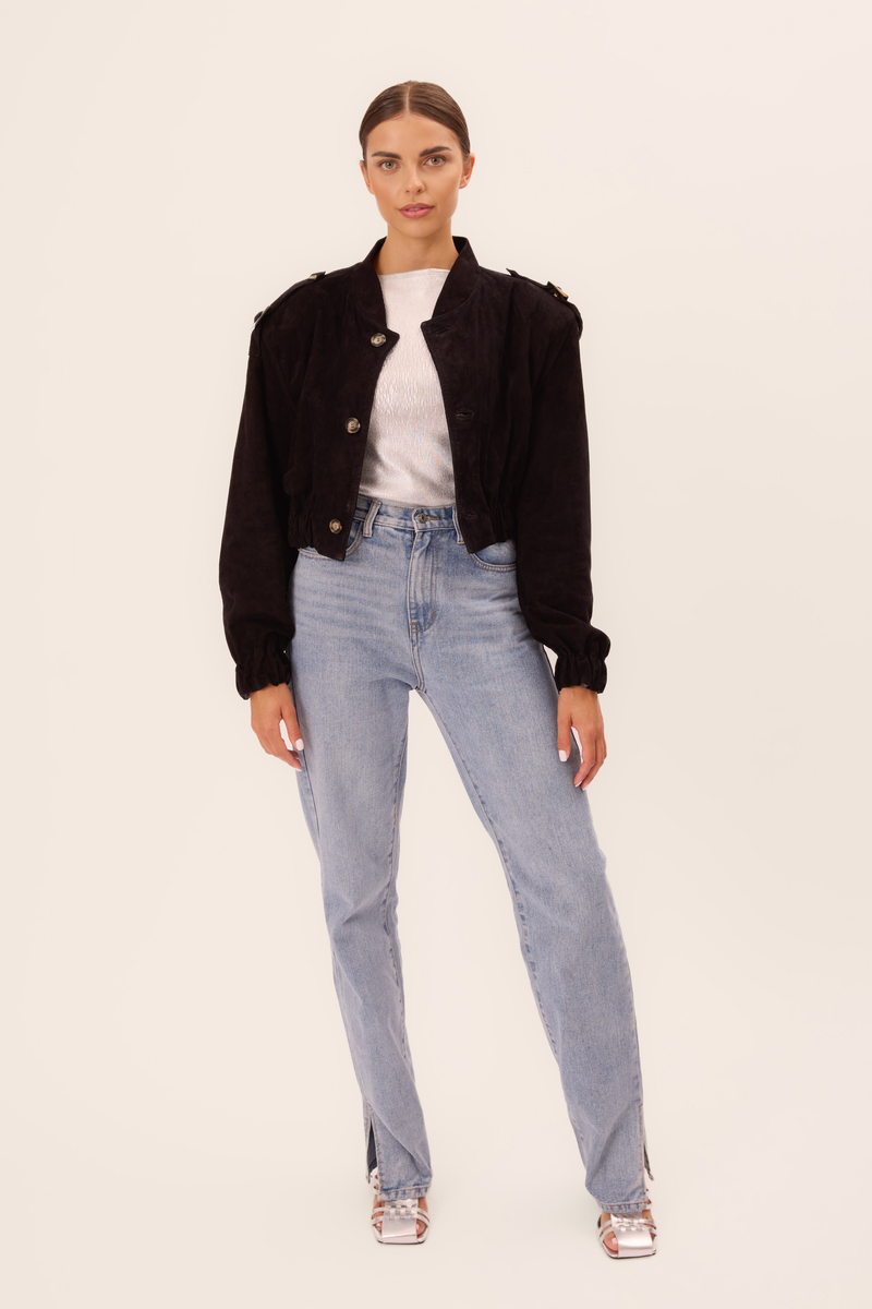 BLACK VELVET SHORT BOMBER JACKET WITH SHOULDER ELEMENTS