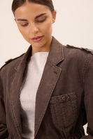 DENIM BOMBER JACKET IN WASHED BROWN DENIM WITH A DELICATE STRIP