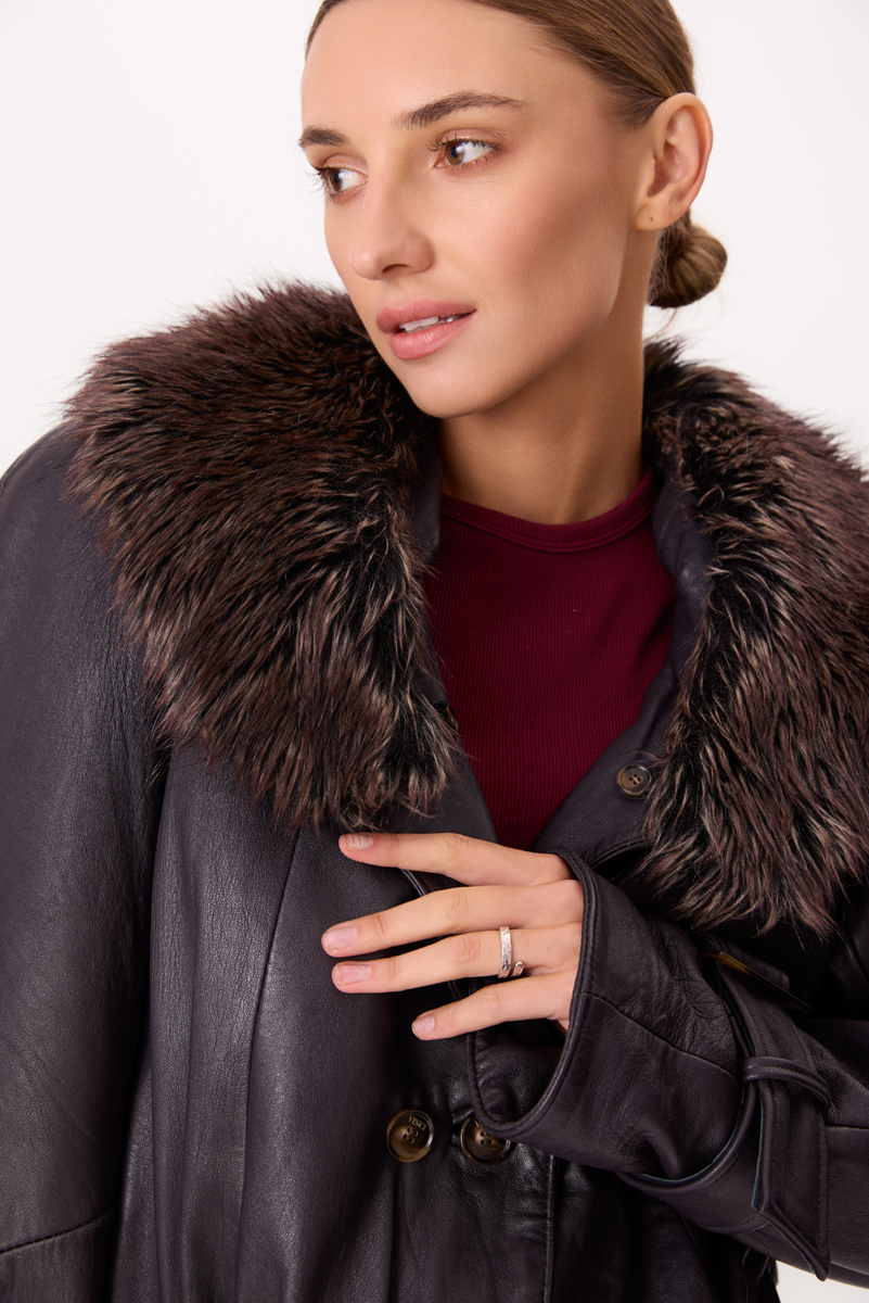 DARK PURPLE LEATHER JACKET WITH DETACHABLE FUR