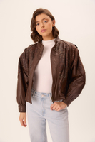 BROWN TEXTURED EMBELLISHED LEATHER JACKET