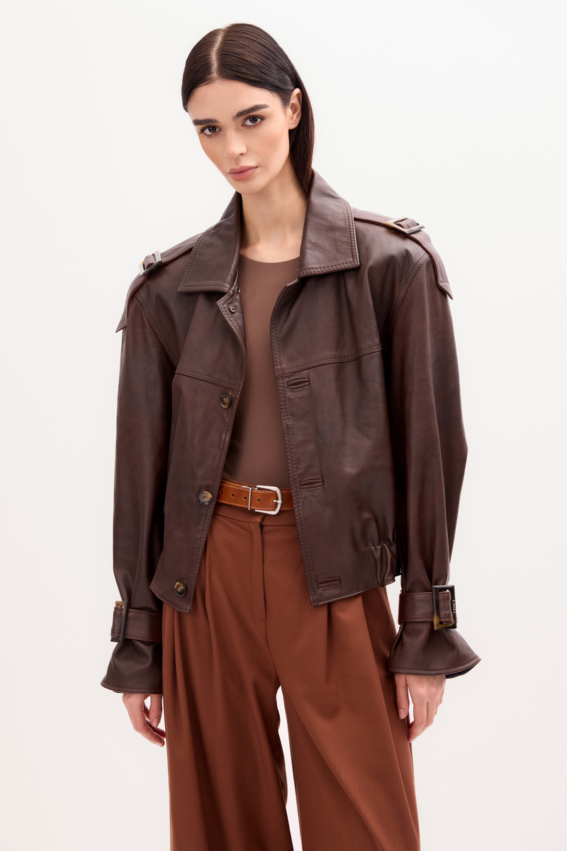 BROWN LEATHER BOMBER JACKET
