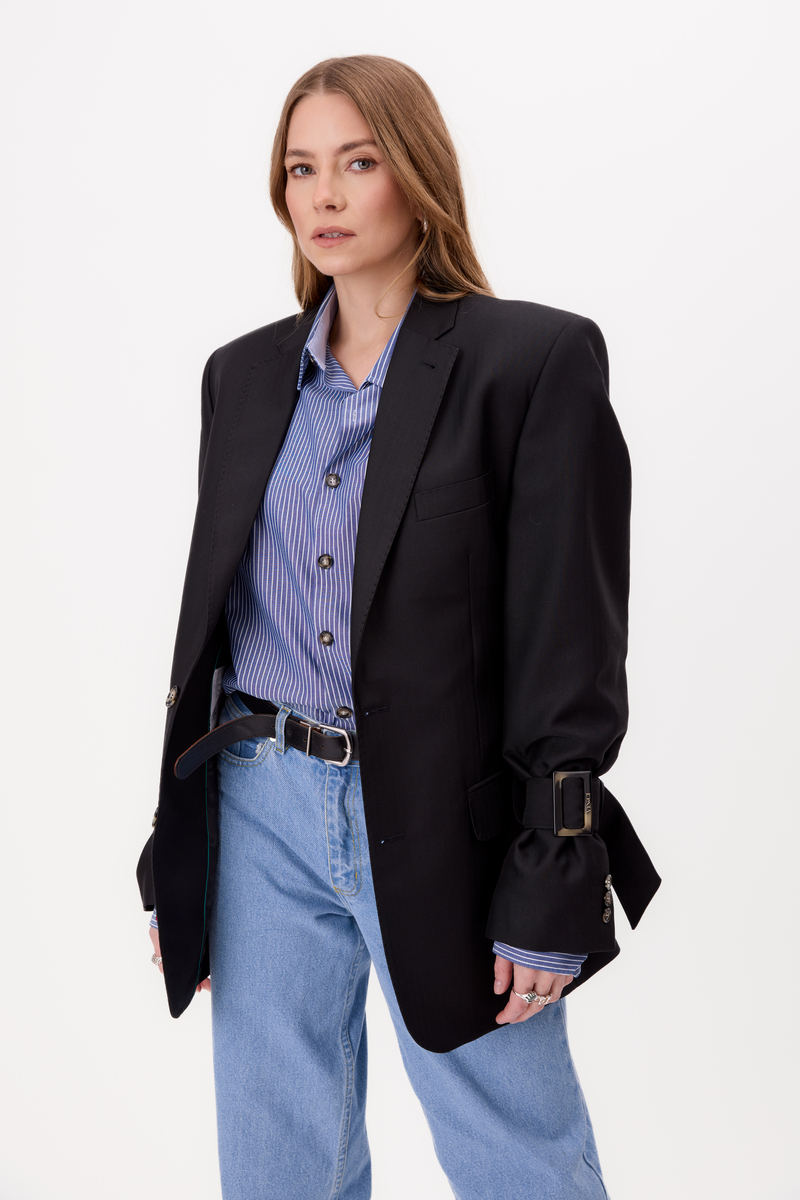 BLACK FITTED JACKET WITH LIGHT STRIPES WITH BUCKLES MODEL No6