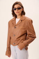 LIGHT BROWN LONG WAISTED LEATHER BIKER JACKET WITH BUCKLES