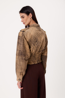 SHORT BEIGE ADJUSTABLE WAIST DIPPED PETITE LEATHER JACKET