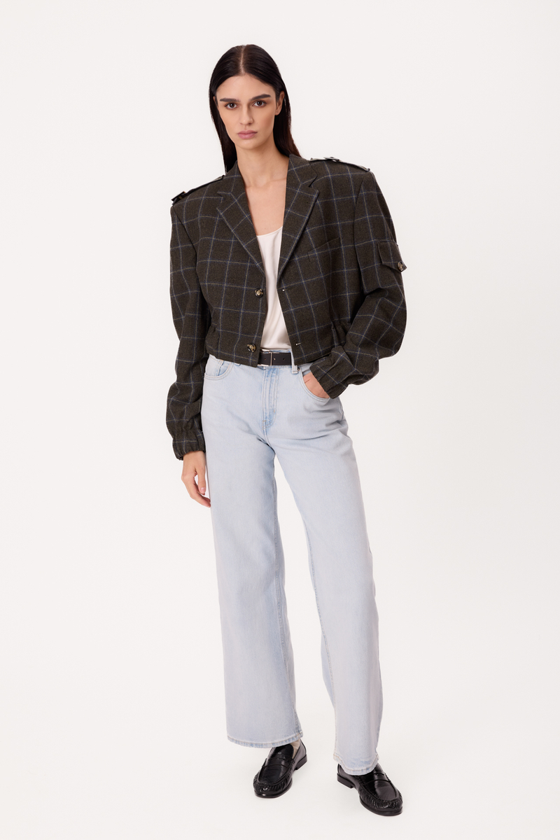 DARK GREEN TALL SHORT BOMBER JACKET WITH BLUE CHECKERED