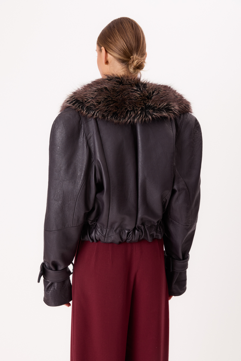 DARK PURPLE LEATHER JACKET WITH DETACHABLE FUR