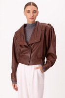 BROWN LEATHER JACKET WITH HIGH ASYMMETRICAL COLLAR