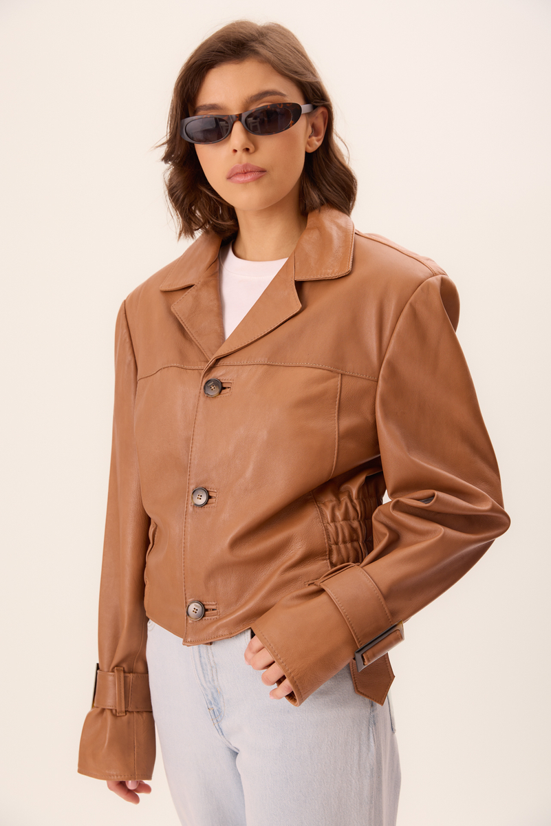 LIGHT BROWN LONG WAISTED LEATHER BIKER JACKET WITH BUCKLES