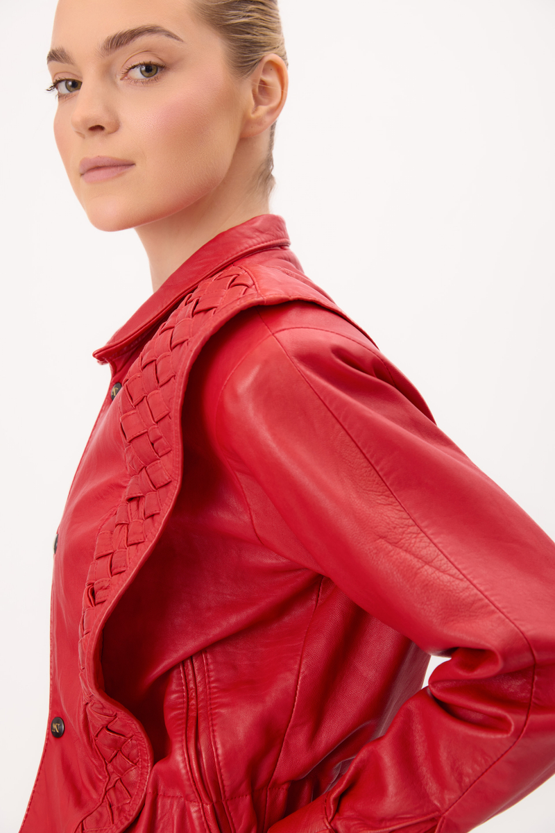 RED EMBELLISHED LEATHER JACKET