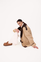 LONG BEIGE TALL SHEEPSKIN COAT WITH BROWN INSERTS
