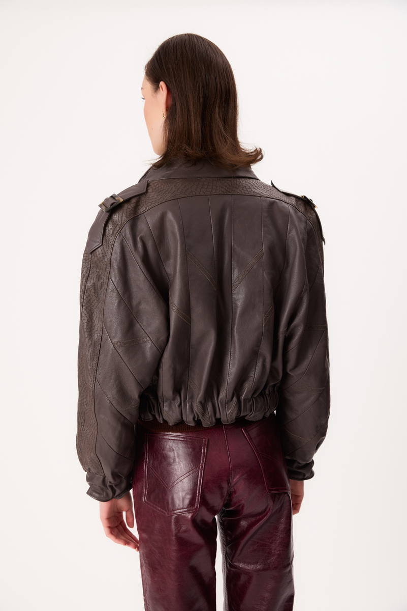 DARK GRAY LEATHER JACKET WITH DECORATIVE PATTERN AND EPADS