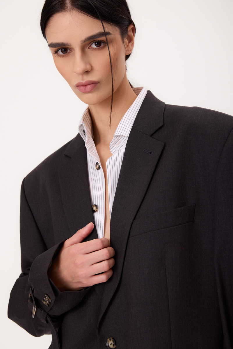 LONG GRAPHITE JACKET WITH ADJUSTABLE WAIST AND BUCKLES MODEL No6
