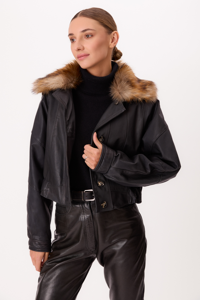 BLACK LEATHER JACKET WITH DETACHABLE FUR COLLAR