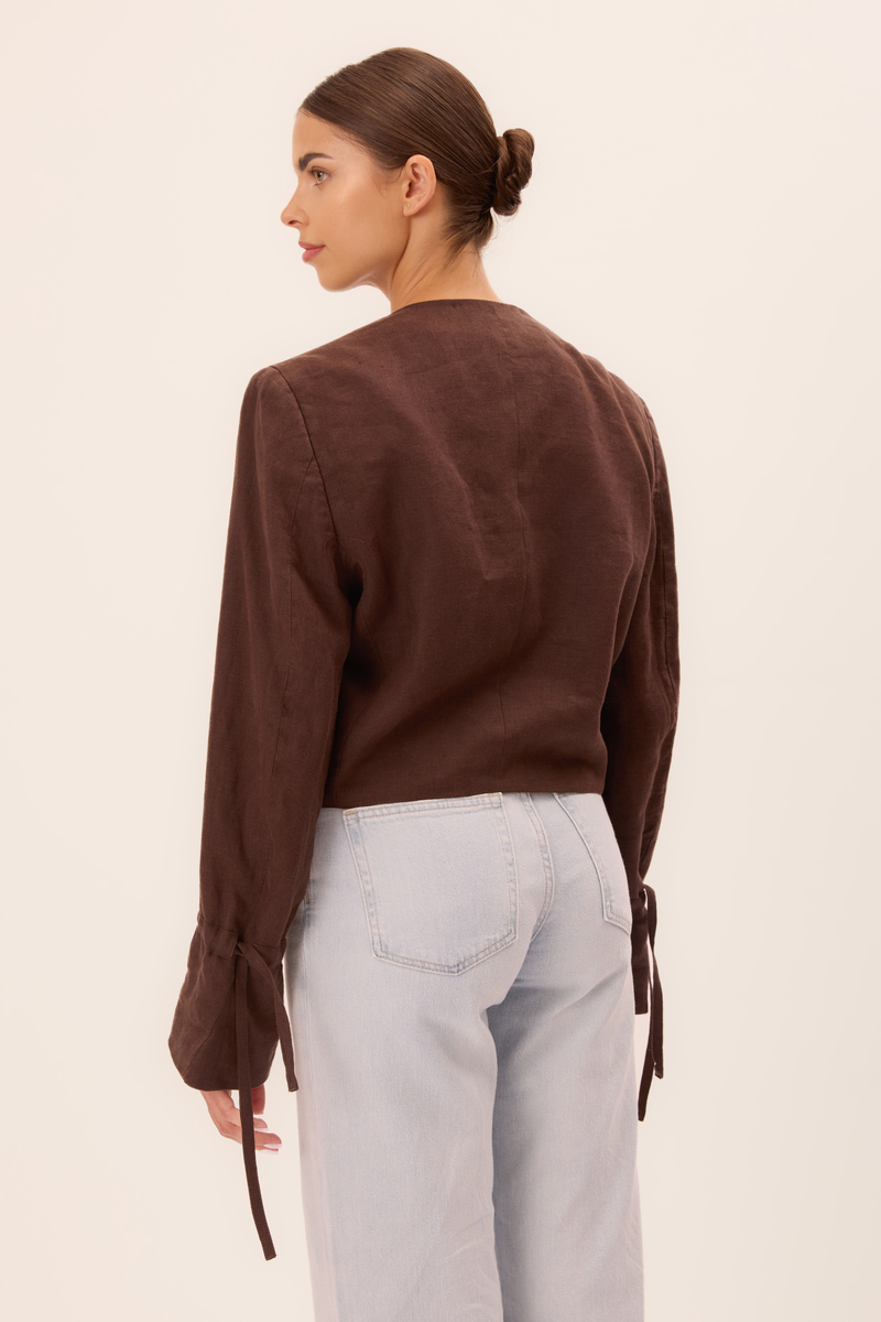 BROWN SHORT STRAIGHT JACKET WITH TIES