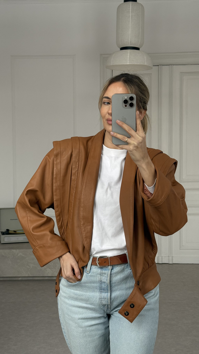 CAMEL LEATHER JACKET WITH DEEP COLLAR