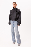 BLACK OVERSIZE LEATHER JACKET WITH HIGH COLLAR