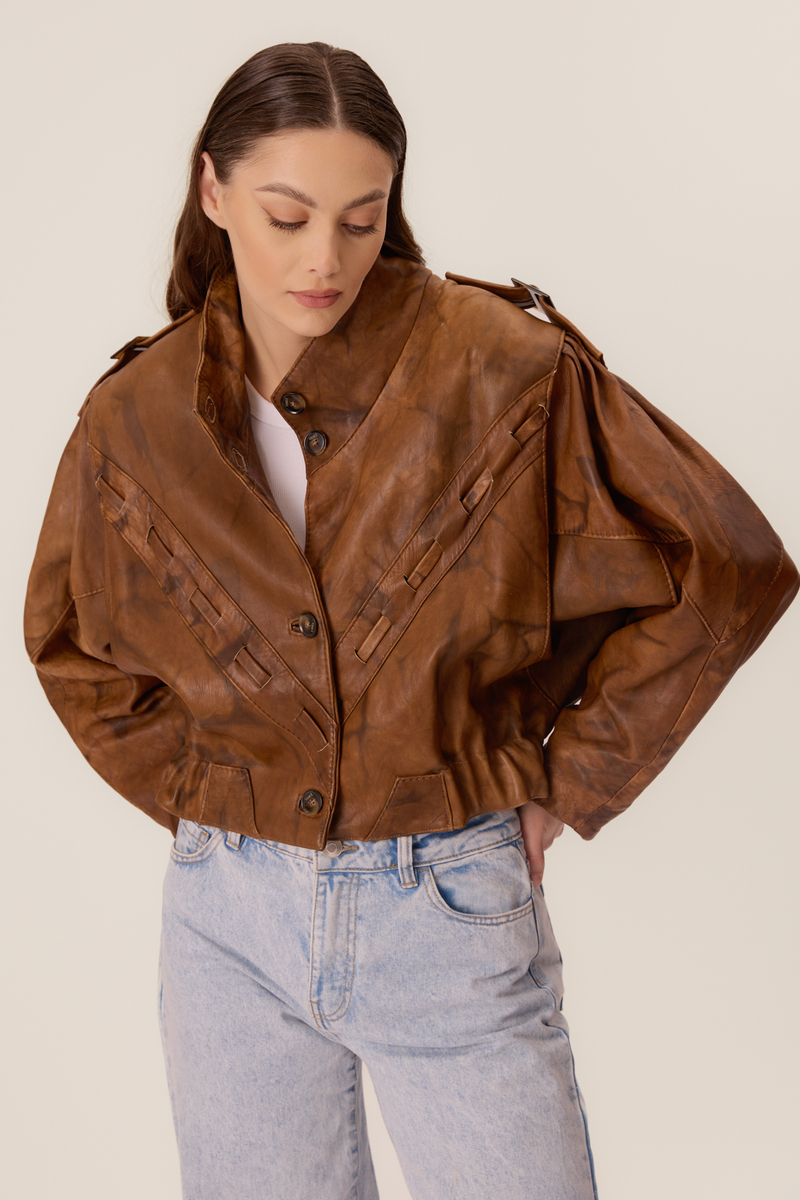 RUDA PRZECIERANA VINTAGE KURTKA SKÓRZANA OVERSIZE