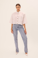 WHITE SHORT OVERSIZED SHIRT WITH A DELICATE CHECKERED PATTERN WITH WIDE DETACHABLE SHOULDER