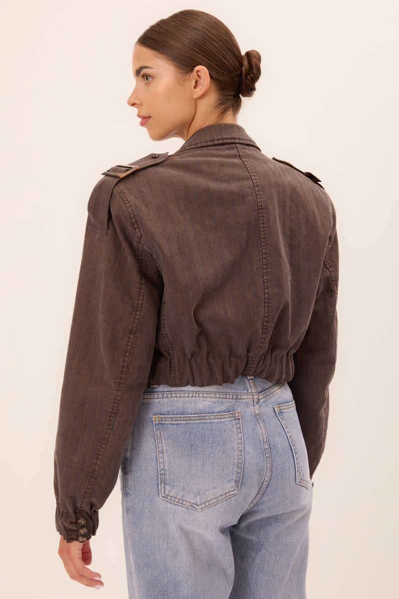 DENIM BOMBER JACKET IN WASHED BROWN DENIM WITH A DELICATE STRIP