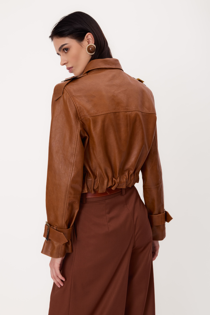 SHORT RED REGULAR LEATHER JACKET IN BOMBER CUT