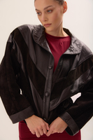 BLACK FITTED LEATHER JACKET WITH VELVET PANELS