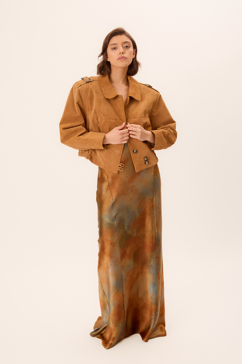 LIGHT BROWN SUEDE FITTED LEATHER JACKET WITH EPADS