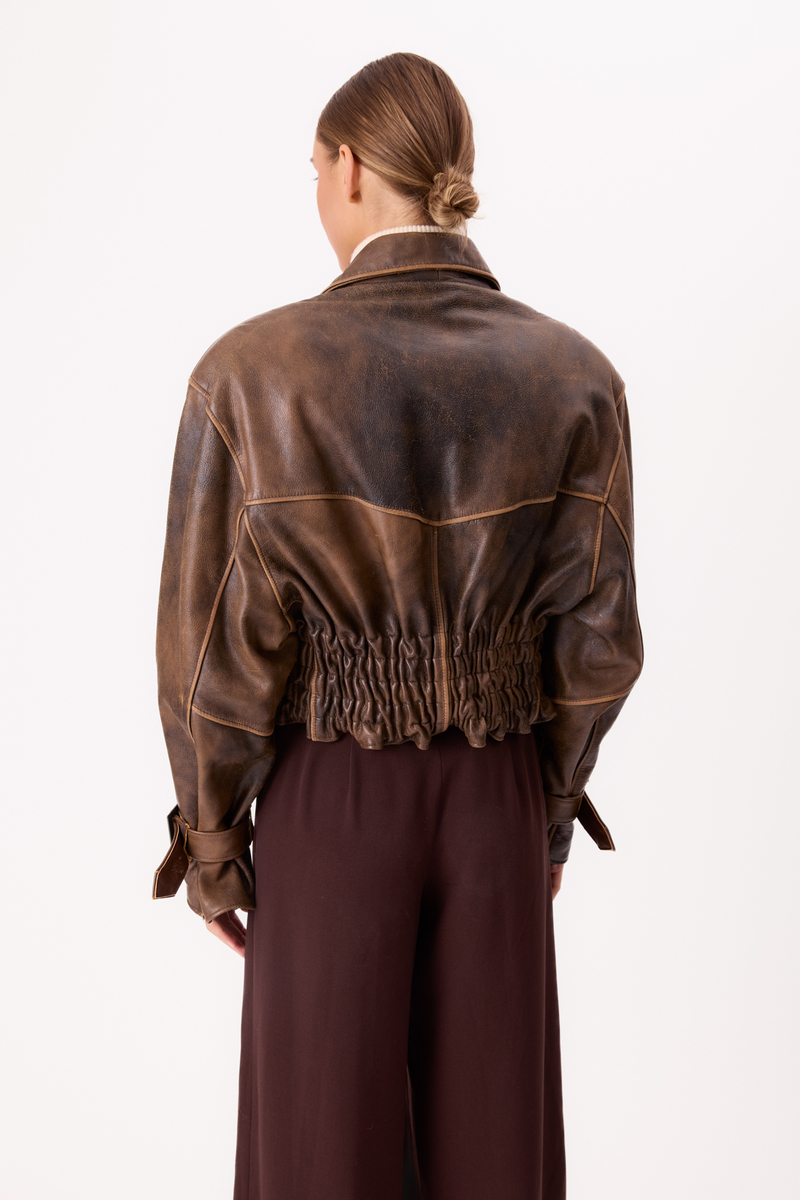 BROWN WAISTED LEATHER JACKET WITH BUCKLES