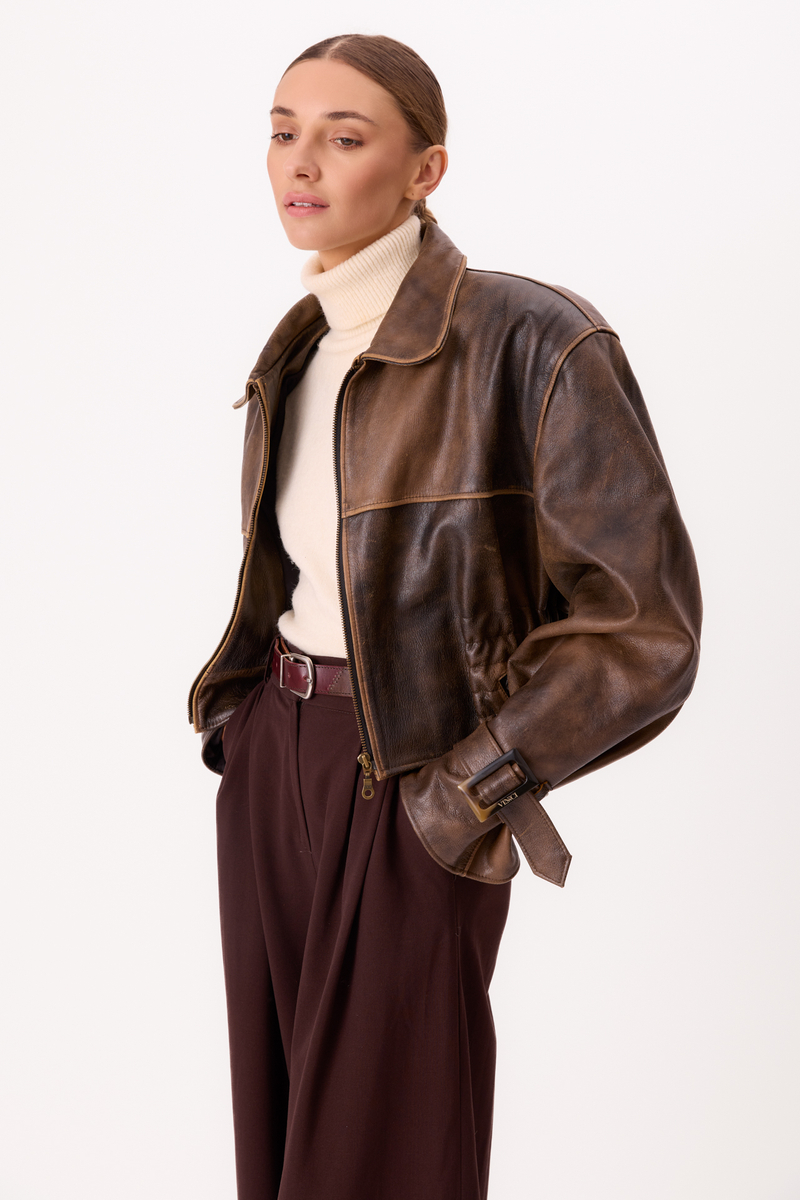 BROWN WAISTED LEATHER JACKET WITH BUCKLES
