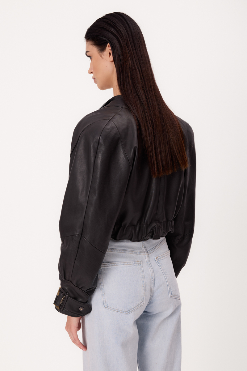 SHORT BLACK LEATHER PETITE BOMBER JACKET WITH BUCKLES