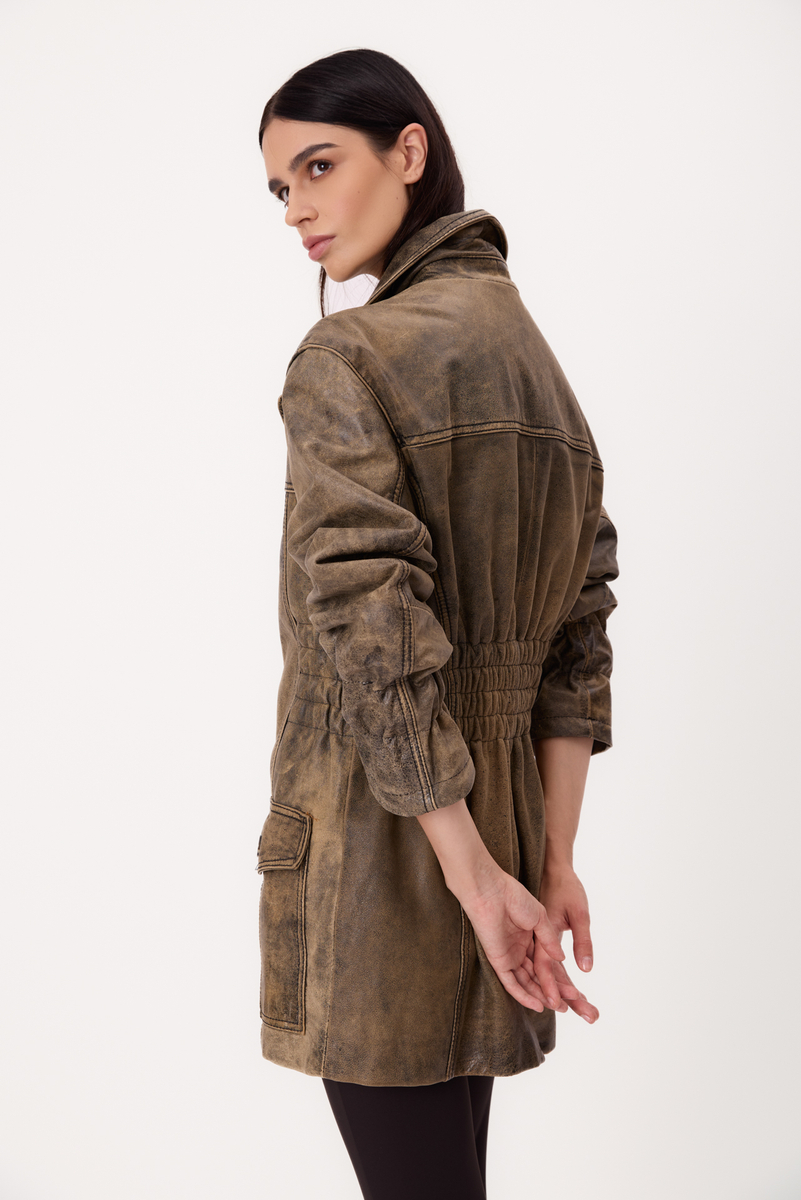LONG GREEN SUEDE PETITE LEATHER JACKET WITH ADJUSTABLE WAIST AND BELT