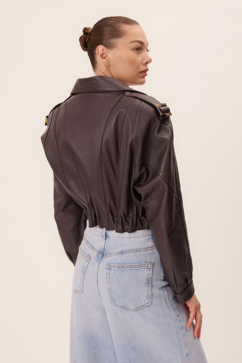 DARK GRAPHITE LEATHER JACKET WITH BUCKLES AND BUTTONS