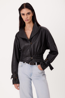 SHORT BLACK ADJUSTABLE WAIST PETITE  LEATHER JACKET WITH BUCKLES
