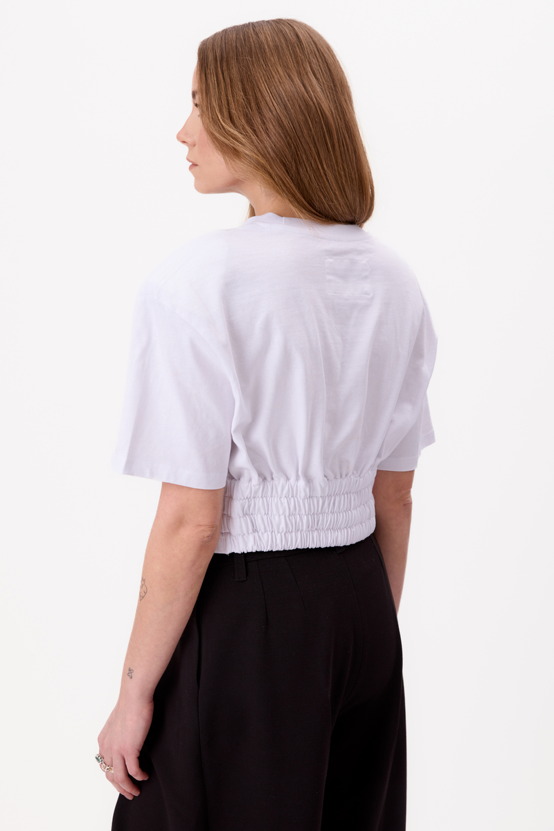 WHITE COTTON T-SHIRT WITH STRONG SHOULDER AND ADJUSTABLE WAIST