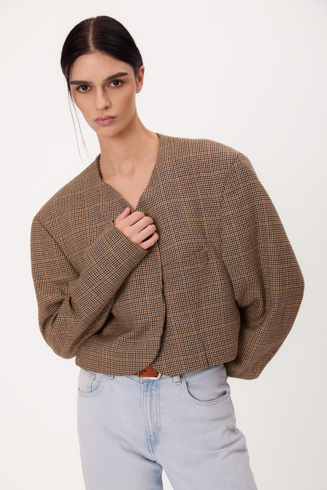 SHORT STRAIGHT BEIGE REGULAR JACKET WITH HOUNDSTOOTH AND LIGHT CHECK MODEL No9