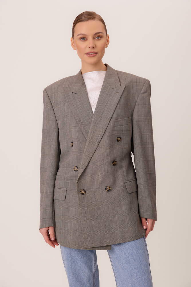 LONG GRAY DOUBLE-BREASED JACKET WITH ADJUSTABLE WAIST