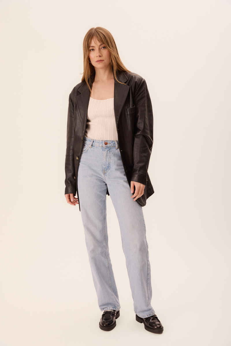 LONG BLACK FITTED STRIPED LEATHER JACKET
