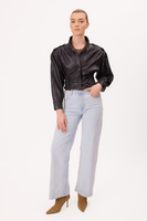 SHORT WAISTED BLACK LEATHER JACKET WITH MANDARIN COLLAR