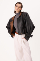 BLACK FITTED LEATHER JACKET WITH BROWN INSERTS