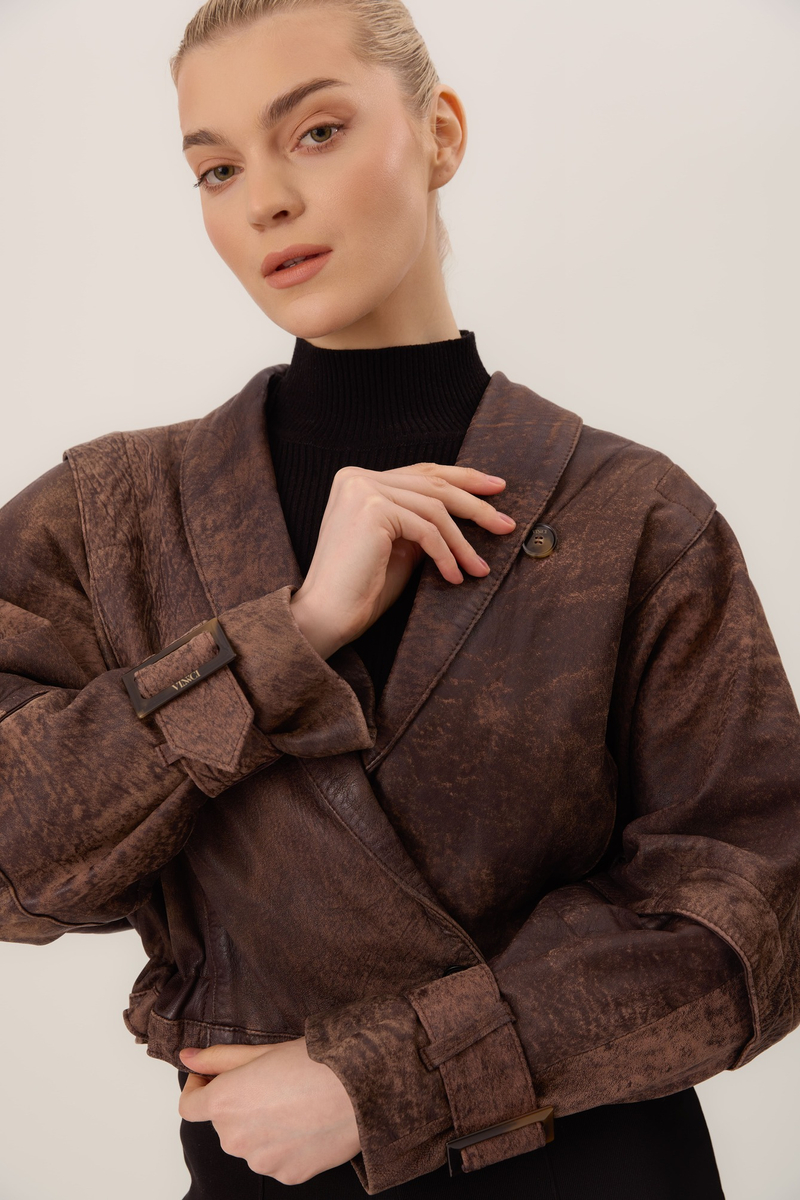 BROWN VINTAGE LEATHER BIKER JACKET WITH FABRICS