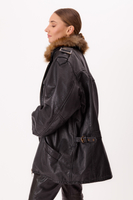 LONG BLACK OVERSIZE LEATHER JACKET WITH DETACHABLE FUR