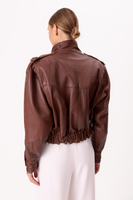 BROWN LEATHER JACKET WITH HIGH ASYMMETRICAL COLLAR