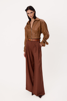 SHORT BROWN ADJUSTABLE WAIST PETITE LEATHER JACKET WITH ZIPPER AND BUCKLES