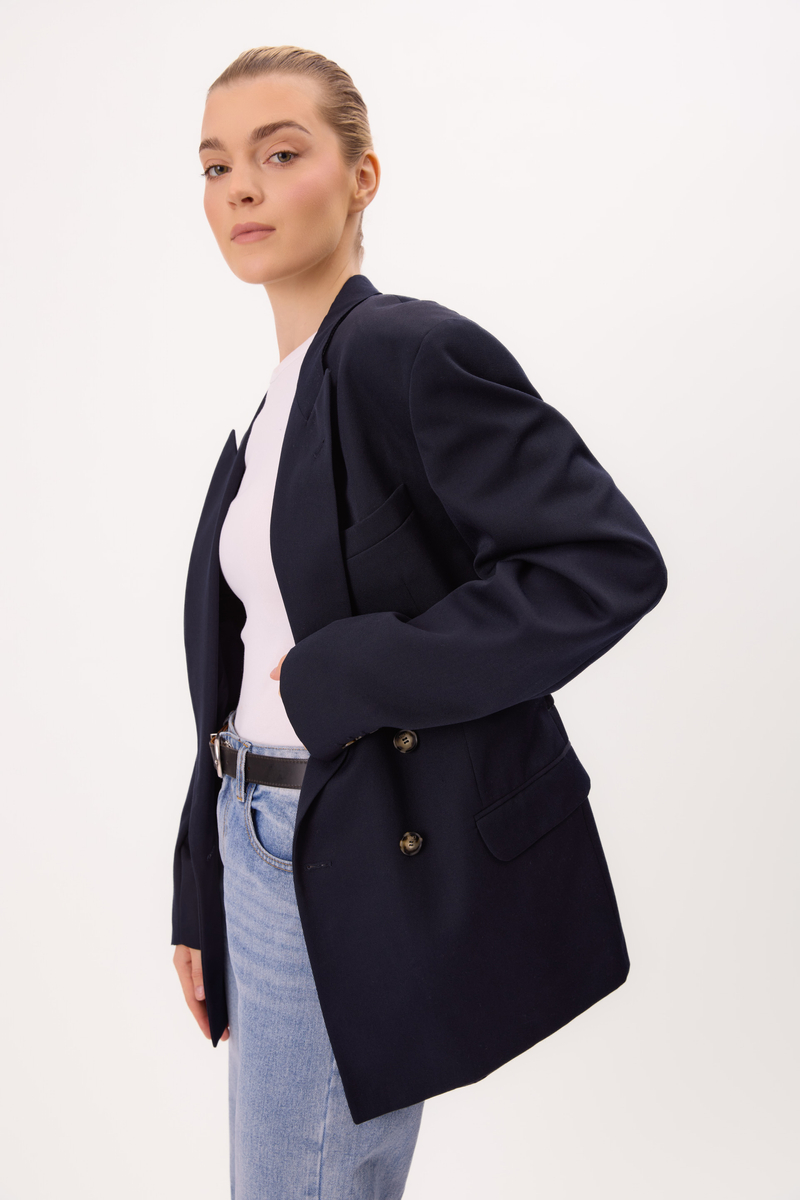 LONG NAVY BLUE SMOOTH DOUBLE-BREASTED JACKET MODEL No4