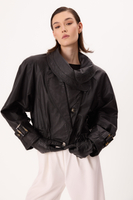 BLACK LEATHER JACKET WITH HIGH COLLAR