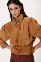 SHORT BEIGE PETITE SUEDE ADJUSTABLE WAIST LEATHER JACKET