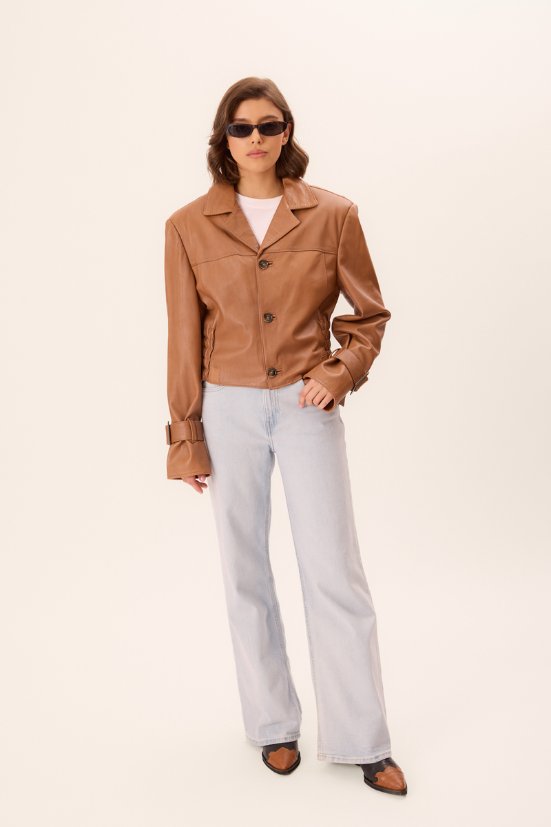 LIGHT BROWN LONG WAISTED LEATHER BIKER JACKET WITH BUCKLES