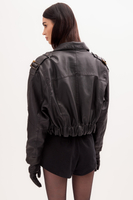 BLACK SHORT LEATHER BOMBER JACKET WITH BUCKLES