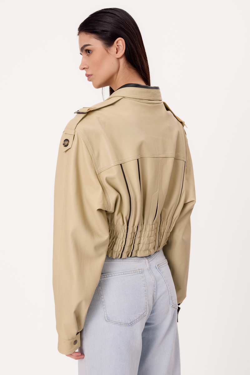 LIGHT BEIGE ADJUSTABLE WAIST TALL LEATHER JACKET WITH BLACK INSERTS