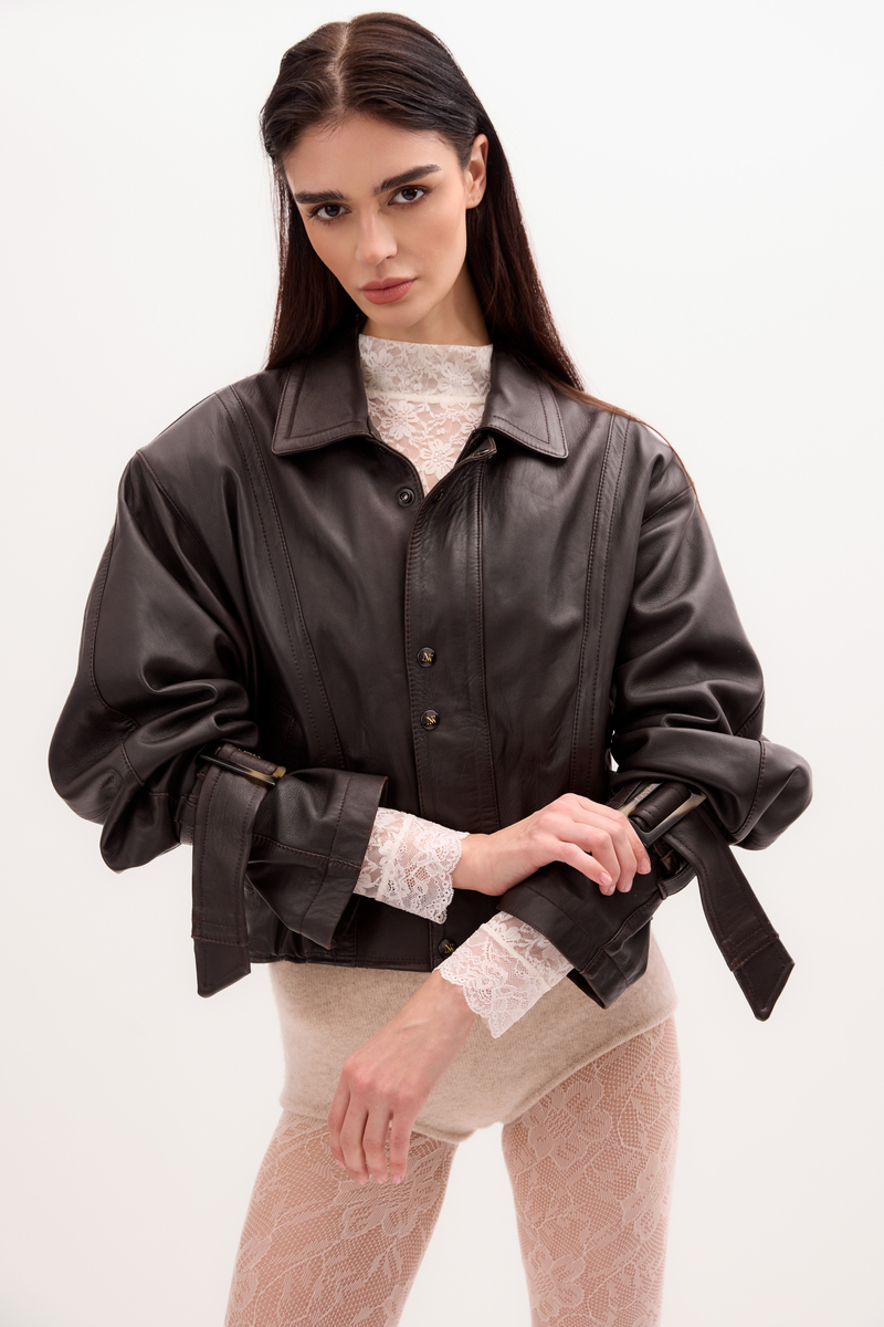 BROWN LEATHER JACKET WITH BUCKLES