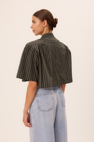 DARK GREEN STRIPED SHORT SHIRT WITH DETACHABLE SHOULDER PADS